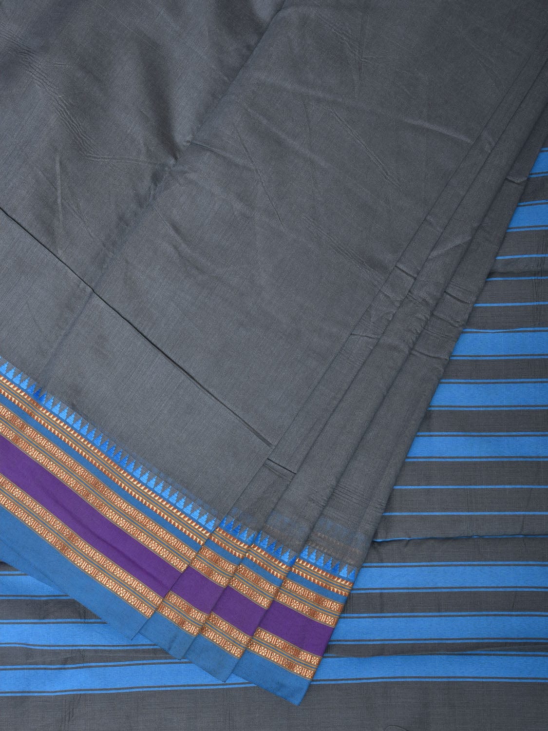 Grey and Blue Bamboo Cotton Plain Saree with Small Temple Border Design No Blouse - Global Threads | Swadesiicart