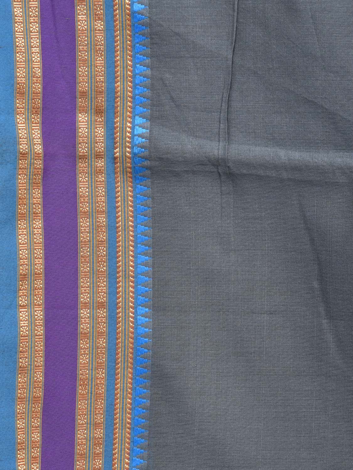 Grey and Blue Bamboo Cotton Plain Saree with Small Temple Border Design No Blouse - Global Threads | Swadesiicart