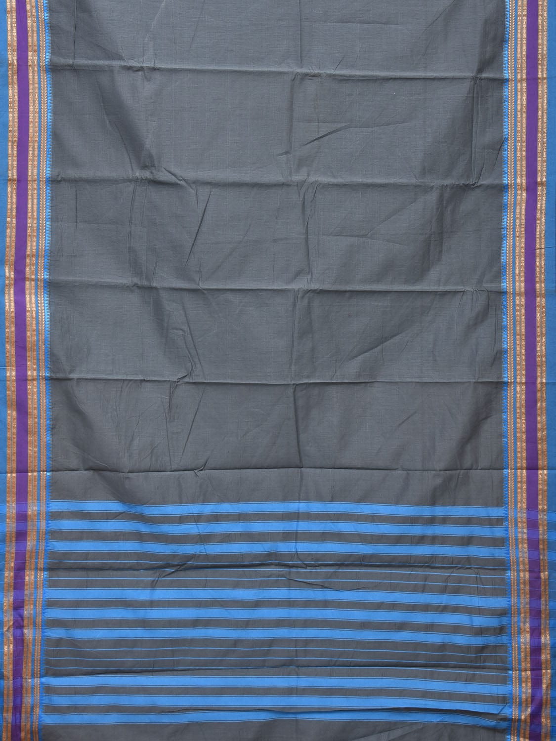 Grey and Blue Bamboo Cotton Plain Saree with Small Temple Border Design No Blouse - Global Threads | Swadesiicart