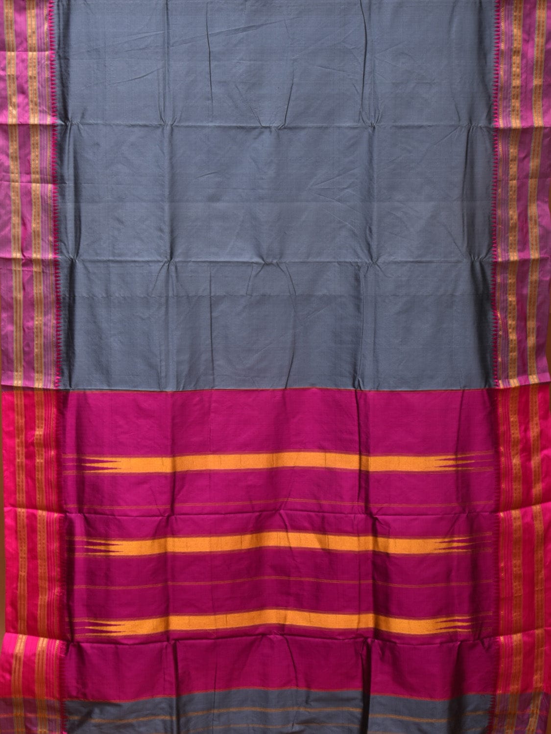 Grey and Pink Narayanpet Silk Handloom Plain Saree with Border Design No Blouse - Global Threads | Swadesiicart