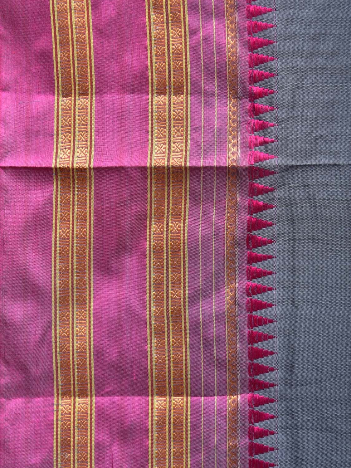 Grey and Pink Narayanpet Silk Handloom Plain Saree with Border Design No Blouse - Global Threads | Swadesiicart