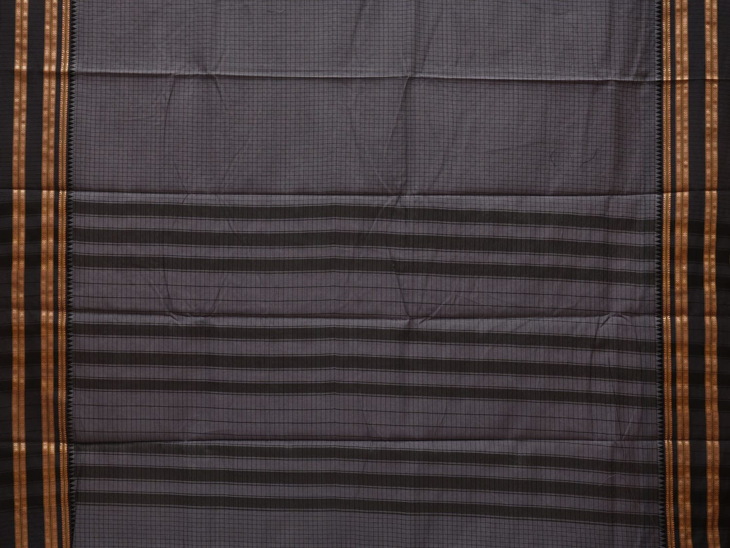 Grey Bamboo Cotton Saree with Checks Design - Global Threads | Swadesiicart