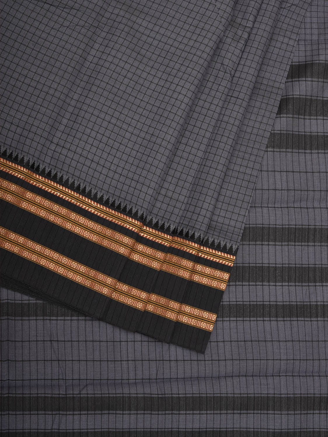 Grey Bamboo Cotton Saree with Checks Design - Global Threads | Swadesiicart