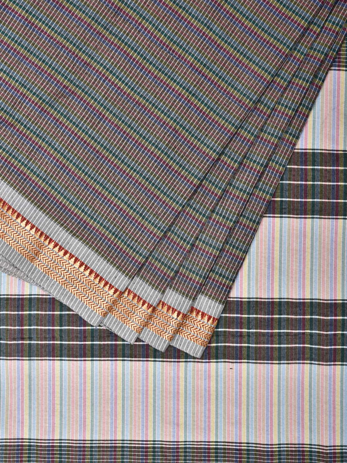 Grey Bamboo Cotton Saree with Checks Design No Blouse - Global Threads | Swadesiicart