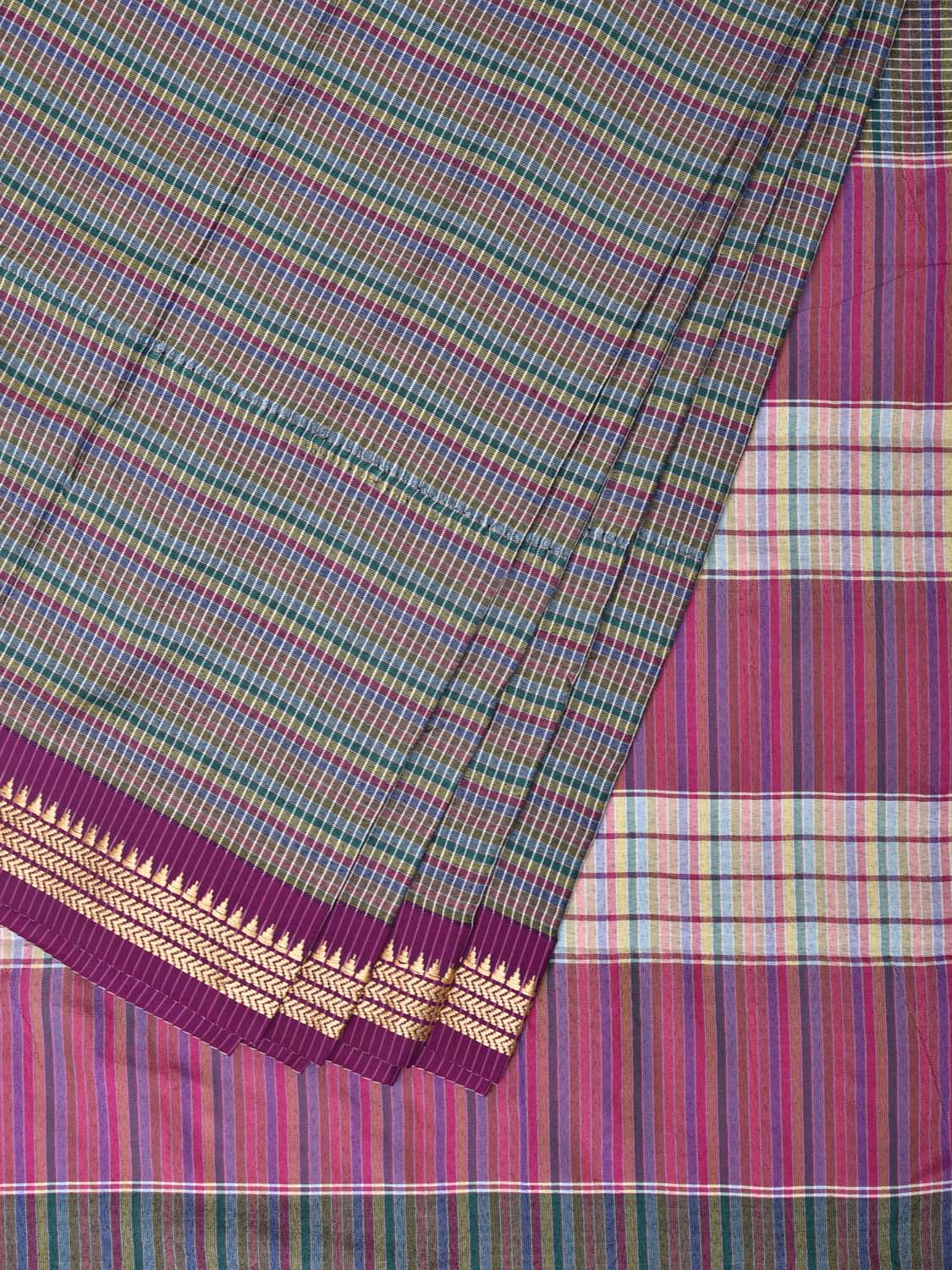 Grey Bamboo Cotton Saree with Checks Design No Blouse - Global Threads | Swadesiicart