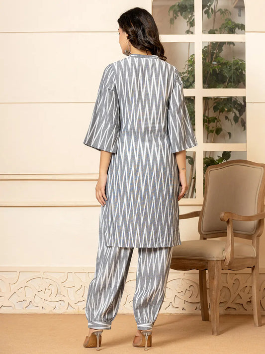 Yufta Grey Cotton Ikat Co-Ord Set - Swadesiicart