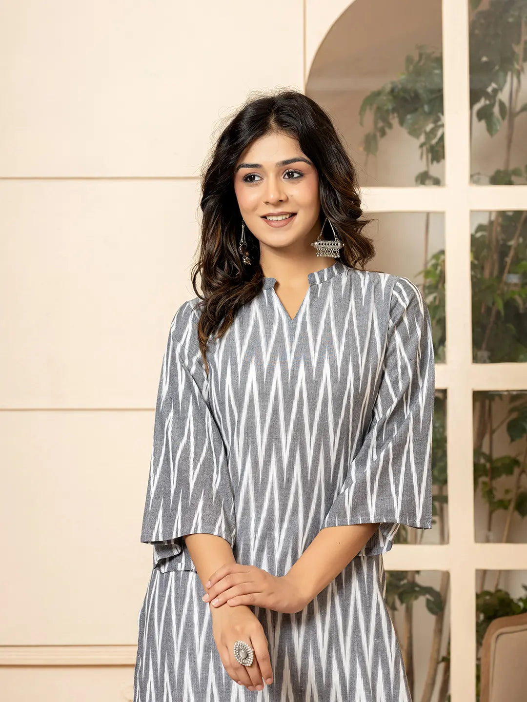 Yufta Grey Cotton Ikat Co-Ord Set - Swadesiicart