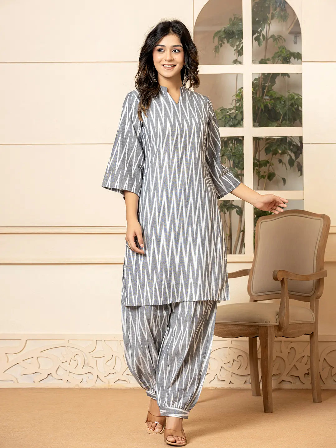 Yufta Grey Cotton Ikat Co-Ord Set - Swadesiicart