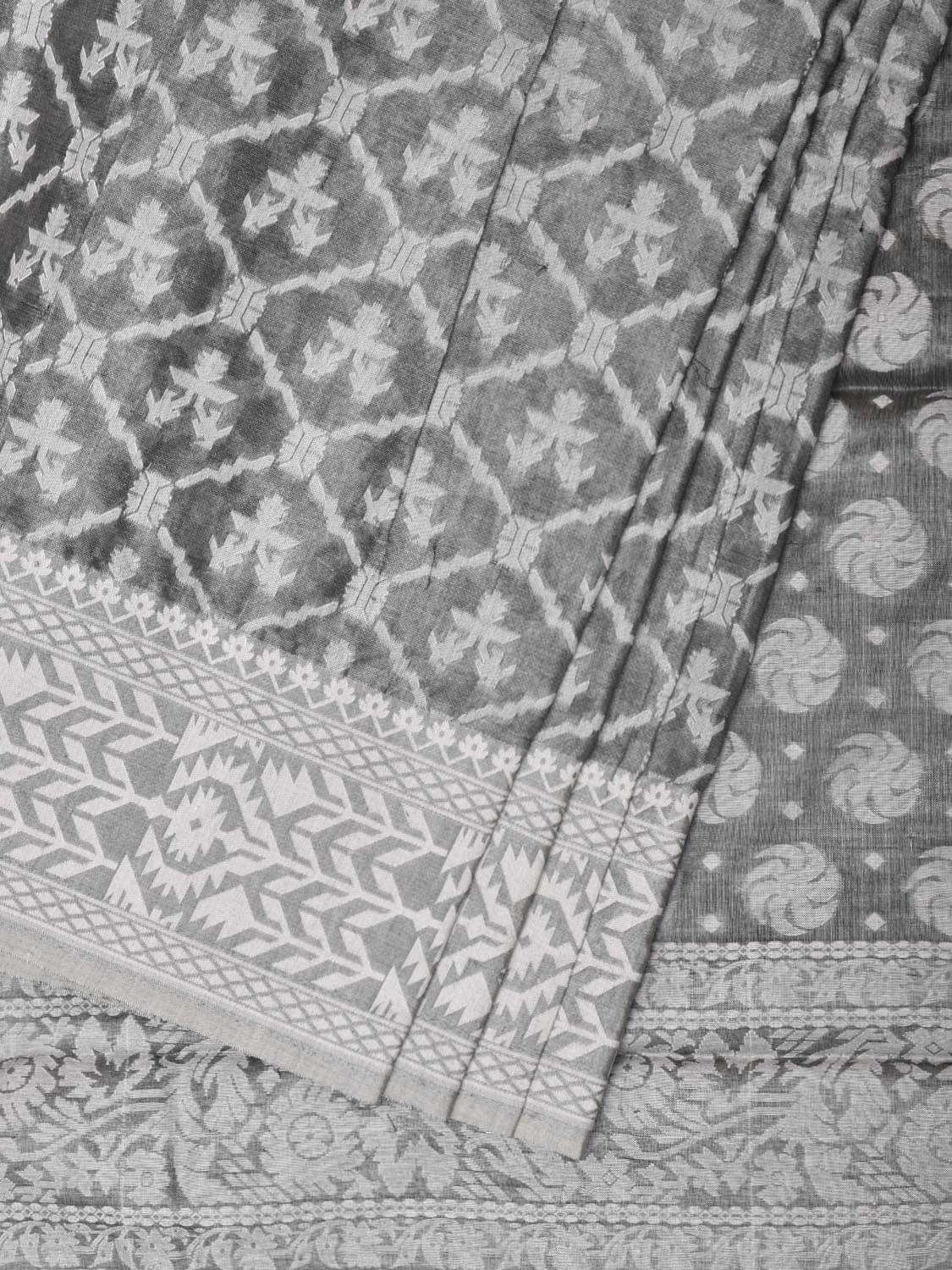 Grey Cut Work Tussar Cotton Saree with All Over Jamdani Style Design - Global Threads | Swadesiicart