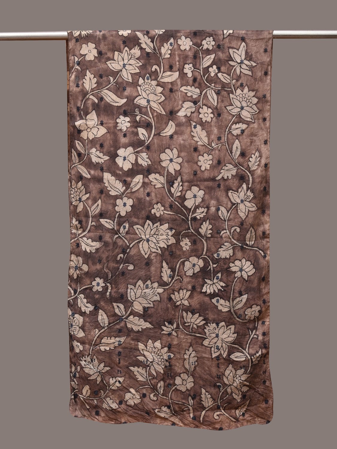 Grey Kalamkari Hand Painted Cotton Silk Stole with Floral Design - Global Threads | Swadesiicart