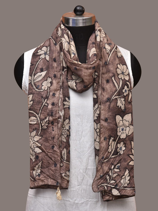 Grey Kalamkari Hand Painted Cotton Silk Stole with Floral Design - Global Threads | Swadesiicart