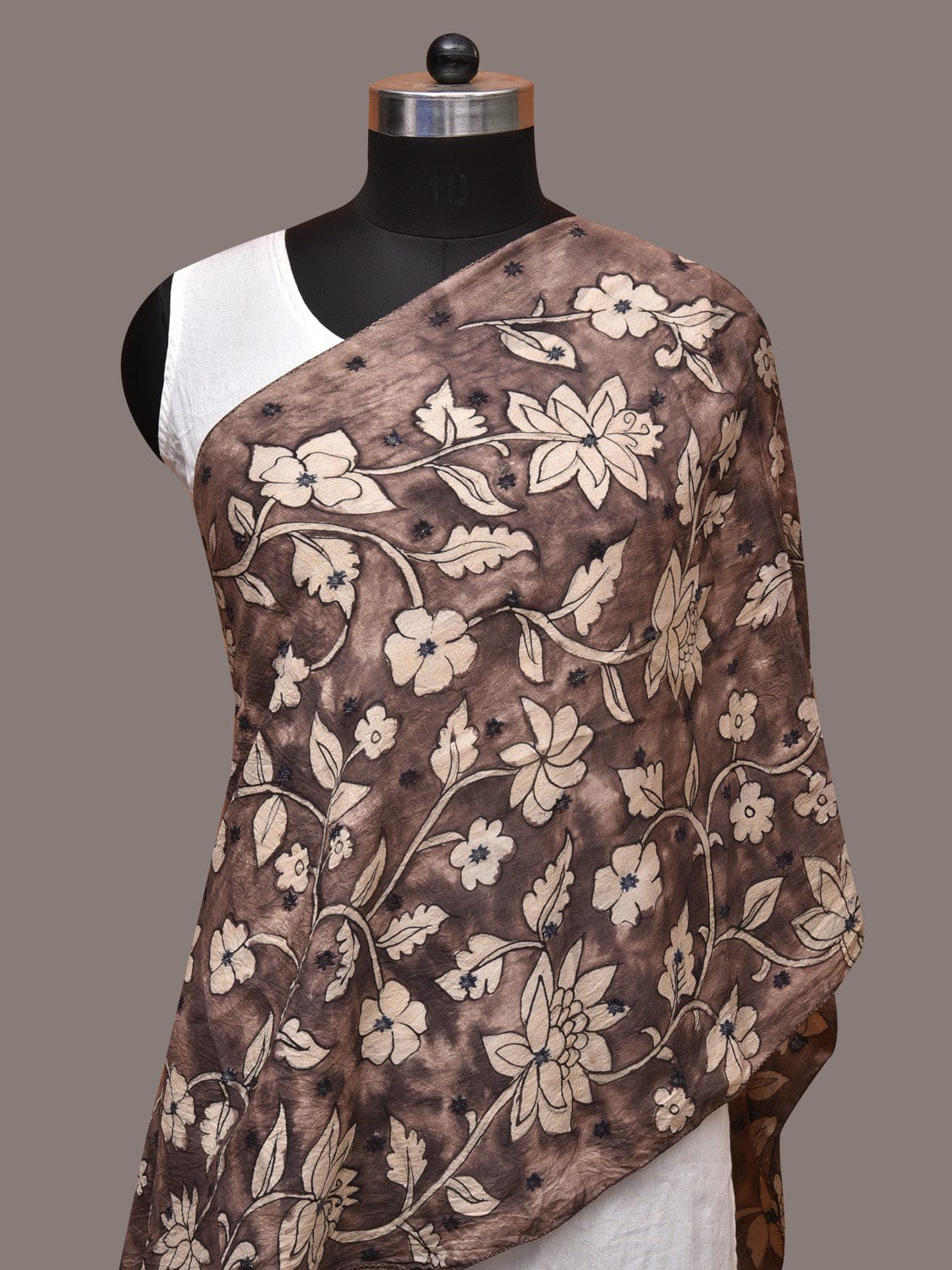 Grey Kalamkari Hand Painted Cotton Silk Stole with Floral Design - Global Threads | Swadesiicart