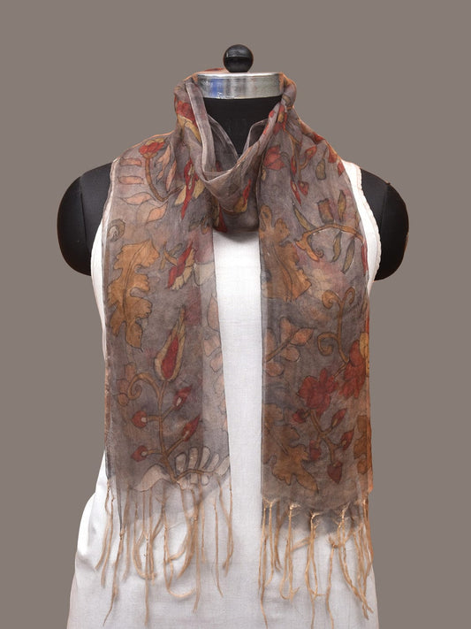 Grey Kalamkari Hand Painted Organza Stole with Floral Design - Global Threads | Swadesiicart