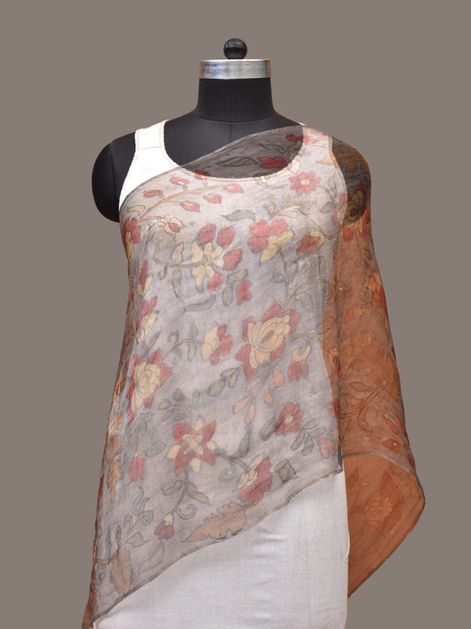 Grey Kalamkari Hand Painted Organza Stole with Floral Design - Global Threads | Swadesiicart