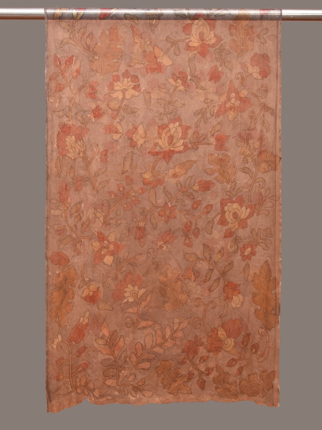 Grey Kalamkari Hand Painted Organza Stole with Floral Design - Global Threads | Swadesiicart
