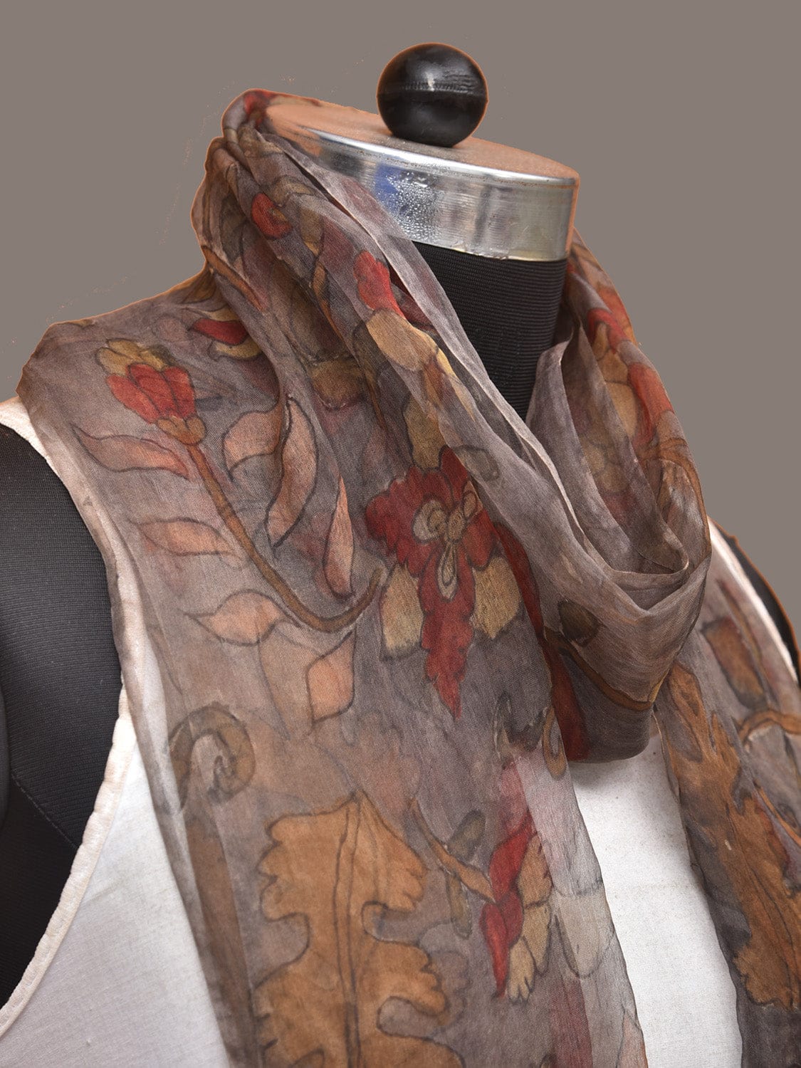 Grey Kalamkari Hand Painted Organza Stole with Floral Design - Global Threads | Swadesiicart
