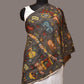 Grey Kalamkari Hand Painted Sico Stole with Village and Animals Theme Design - Global Threads | Swadesiicart