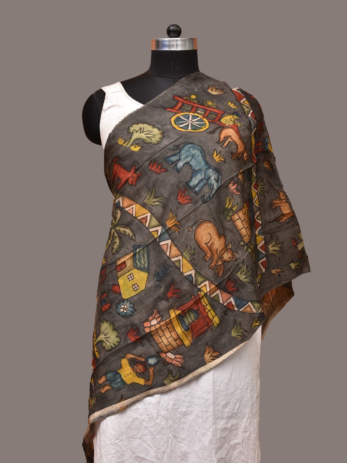 Grey Kalamkari Hand Painted Sico Stole with Village and Animals Theme Design - Global Threads | Swadesiicart