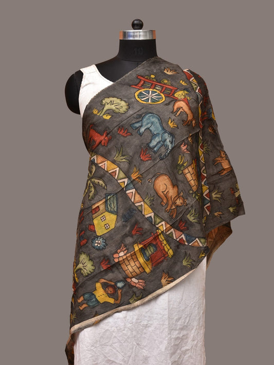 Grey Kalamkari Hand Painted Sico Stole with Village and Animals Theme Design - Global Threads | Swadesiicart