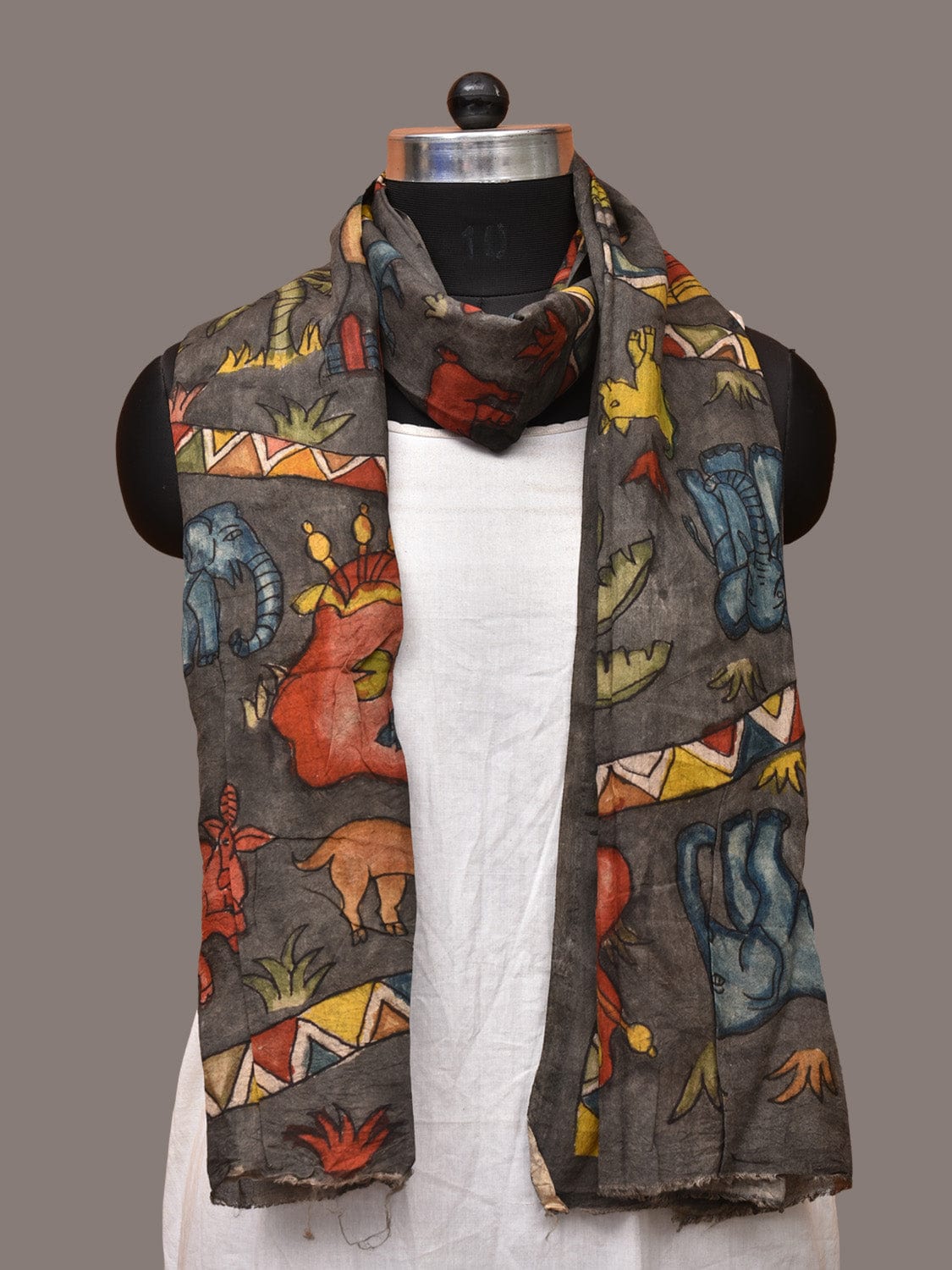 Grey Kalamkari Hand Painted Sico Stole with Village and Animals Theme Design - Global Threads | Swadesiicart