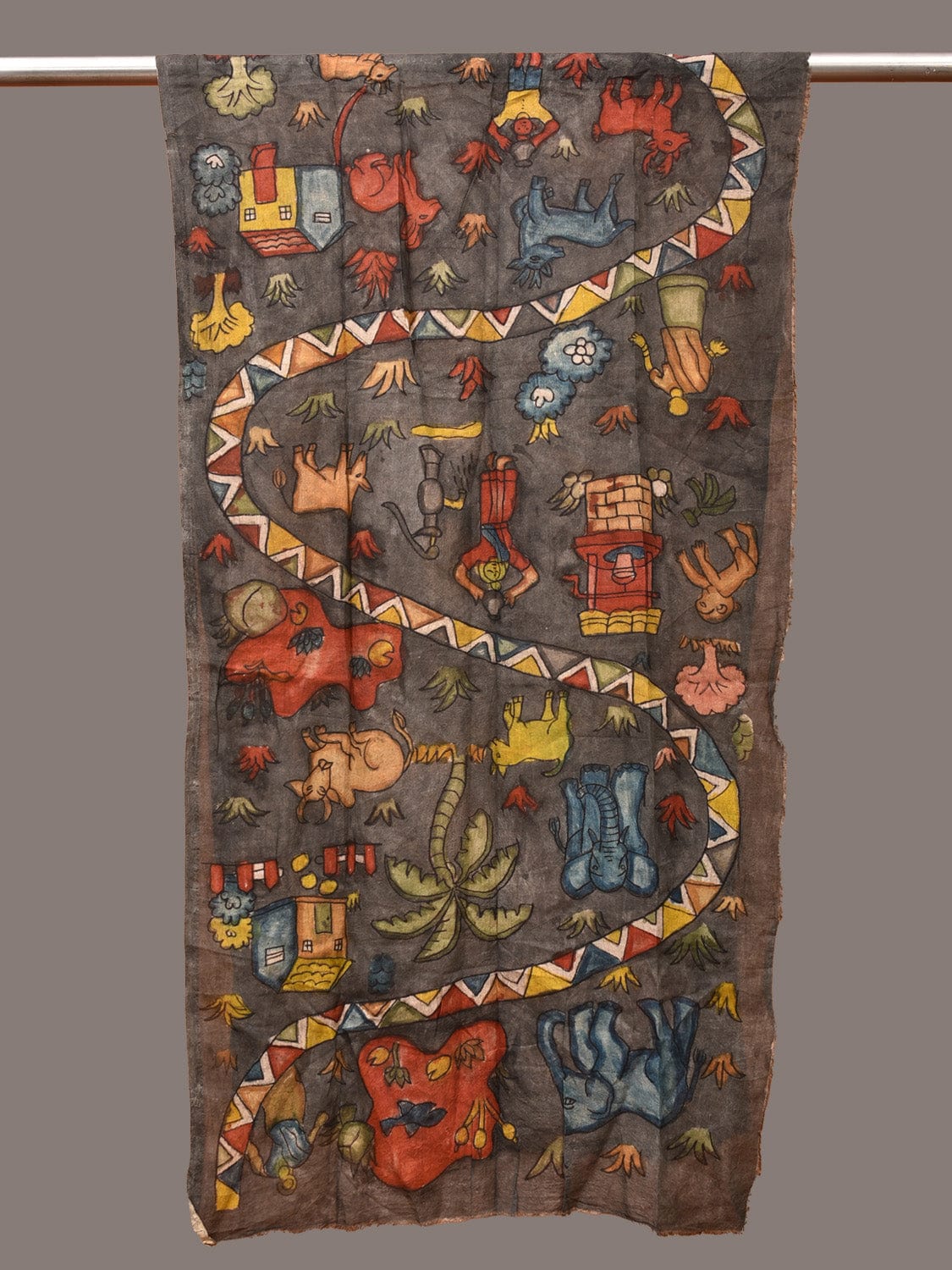 Grey Kalamkari Hand Painted Sico Stole with Village and Animals Theme Design - Global Threads | Swadesiicart