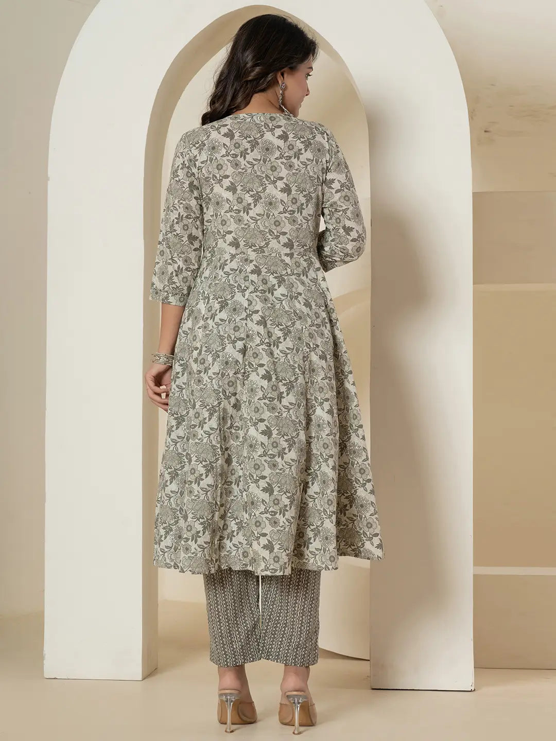 Yufta Grey Sequins_Work Pure Cotton Anarkali Kurta And Dupatta Set - Swadesiicart