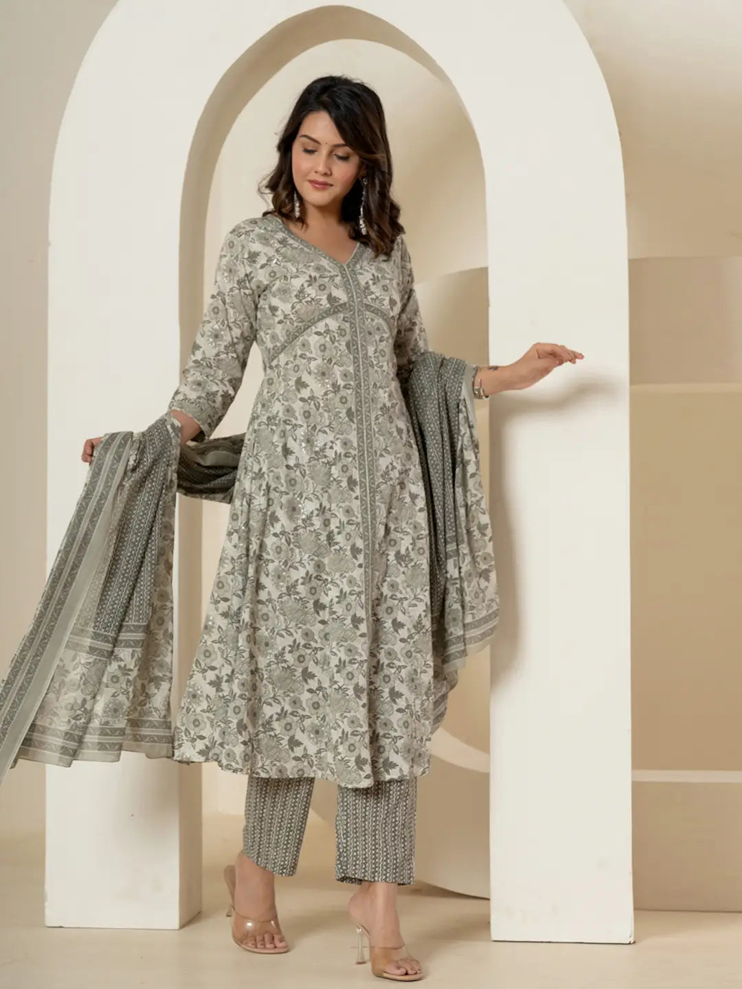 Yufta Grey Sequins_Work Pure Cotton Anarkali Kurta And Dupatta Set - Swadesiicart