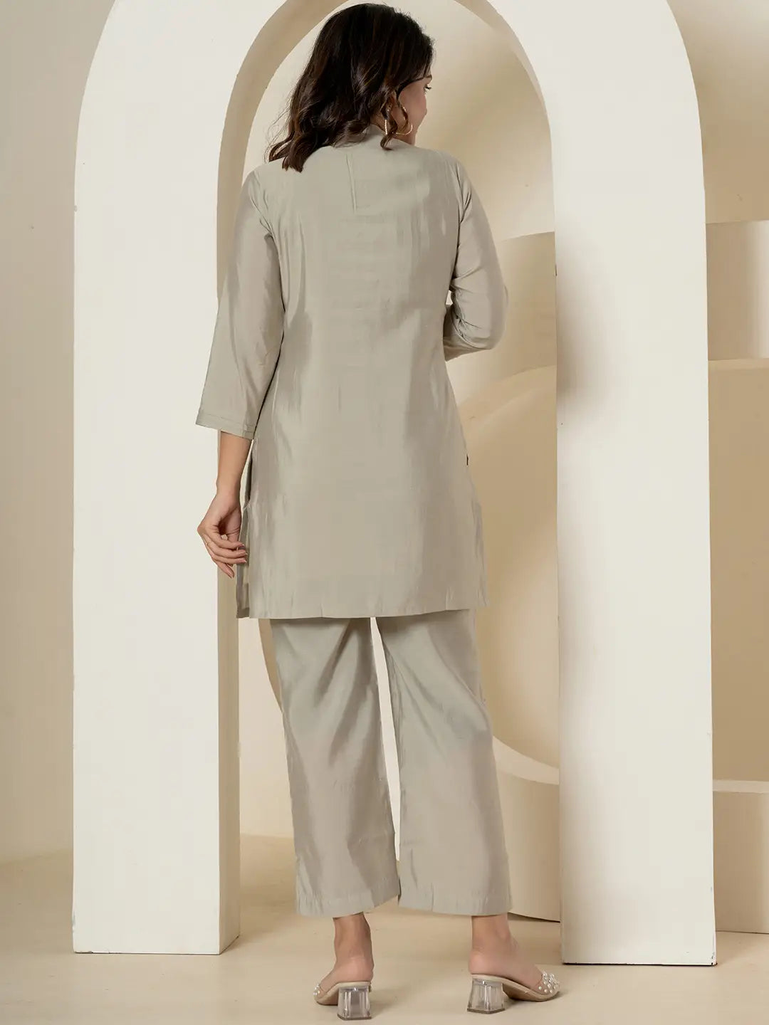 Yufta Grey Thread_Work Shirt And Trouser Silk Blend Co-Ord Set - Swadesiicart