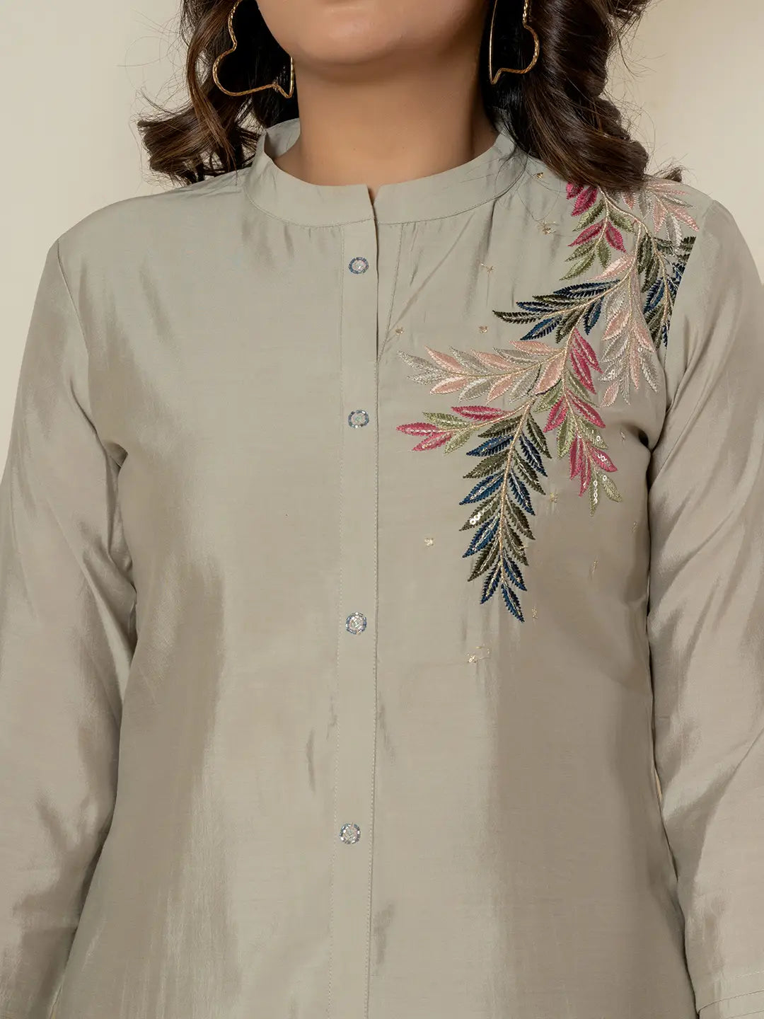 Yufta Grey Thread_Work Shirt And Trouser Silk Blend Co-Ord Set - Swadesiicart