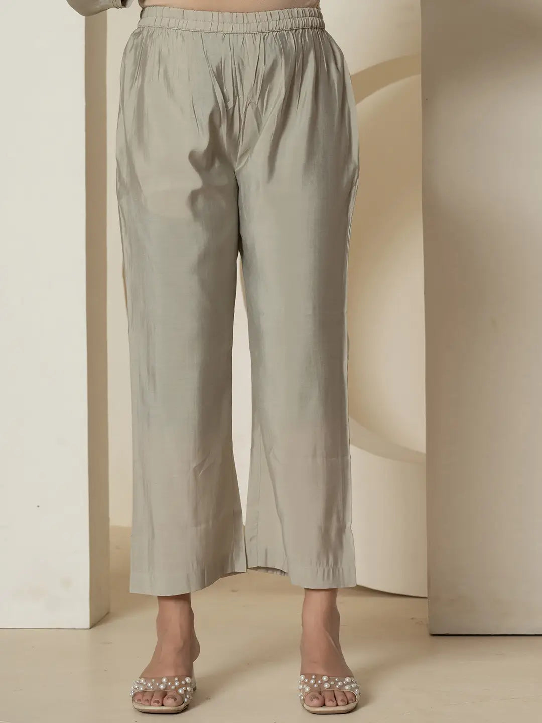 Yufta Grey Thread_Work Shirt And Trouser Silk Blend Co-Ord Set - Swadesiicart