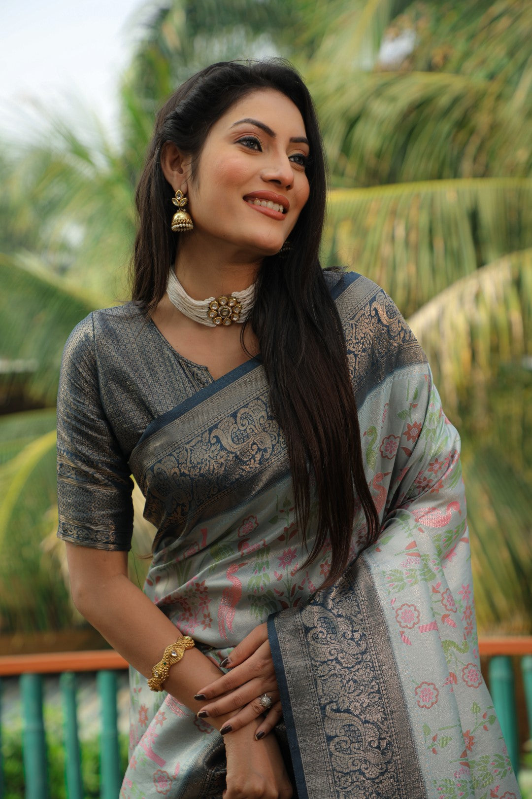 Anaita Grey Woven Design Pure Kanjivaram Soft Satin Silk Saree With Blouse