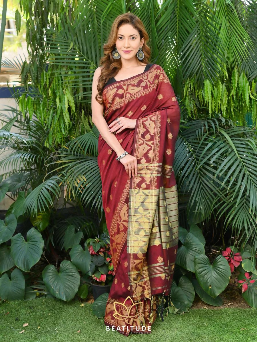 Exclusive Collection Beautiful Brown Pure Cotton Woven Handloom Saree With Running Blouse Piece - Swadesiicart