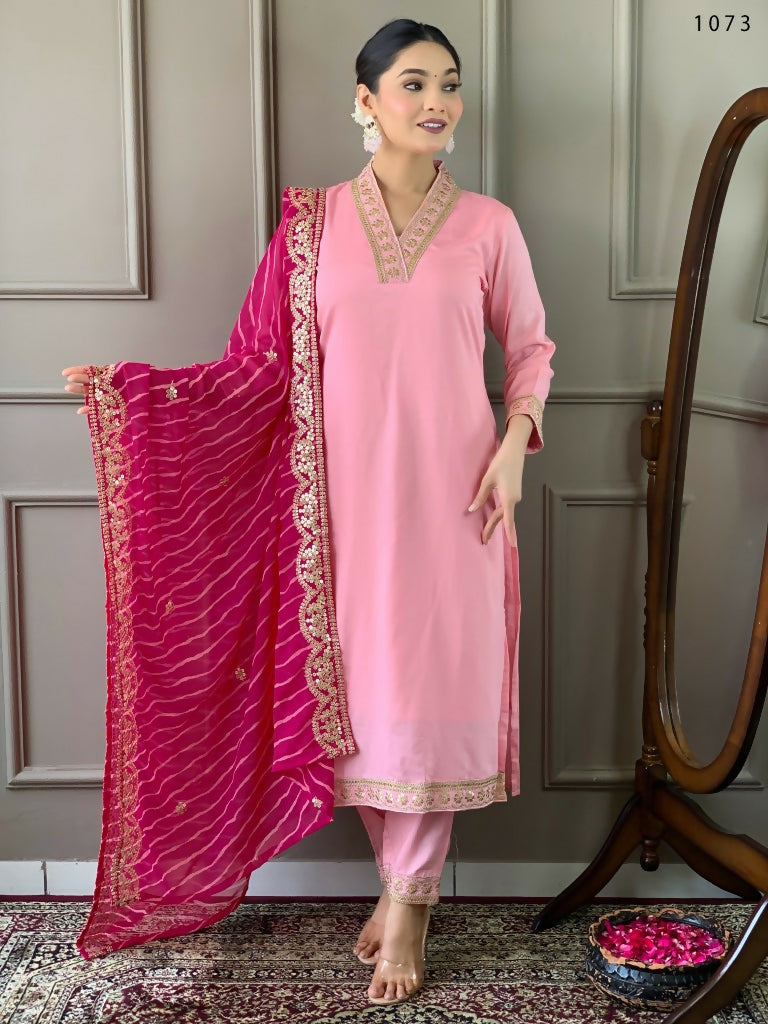 Partywear Designer Viscose Silk Blend Pink Stitched Suit With Dupatta - Tanisha | Swadesiicart