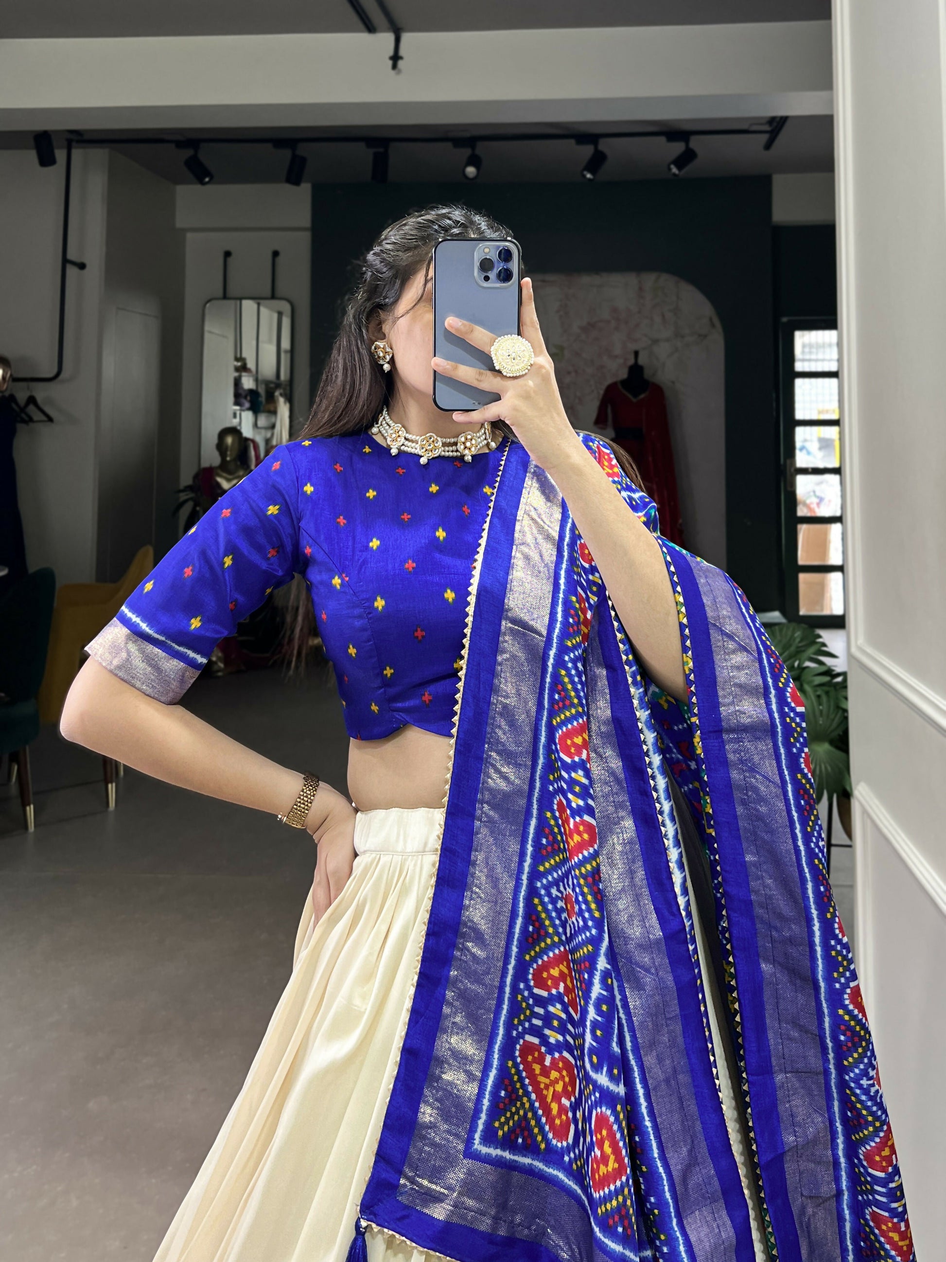 Lorenvalley Offwhite and Royalblue Tussar Silk Patola Print Lehenga Choli | Swadesiicart