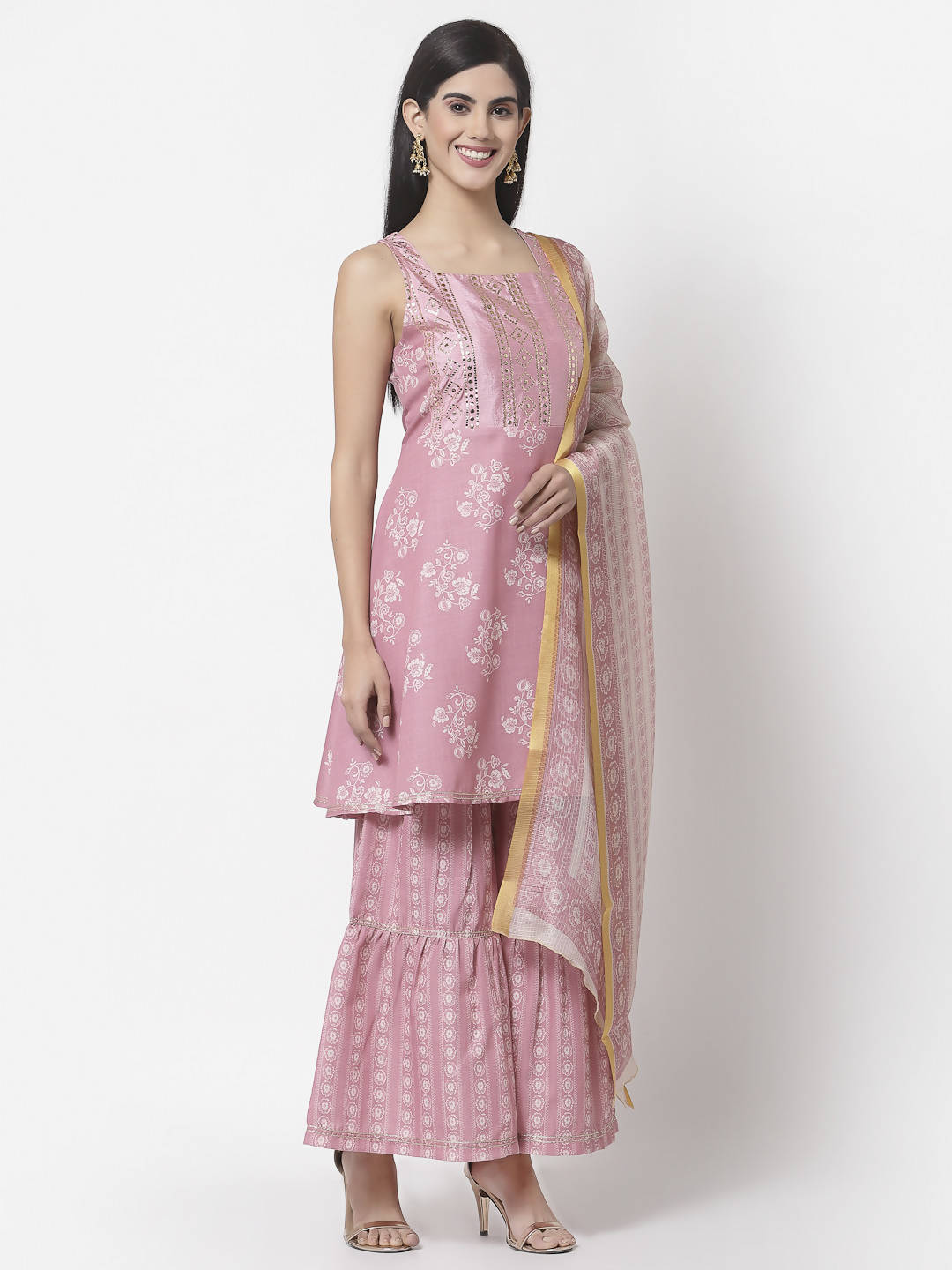 Myshka Women Peach Cotton Blend Printed Sleeveless Shoulder Straps Kurta With Sharara & Dupatta Set | Swadesiicart
