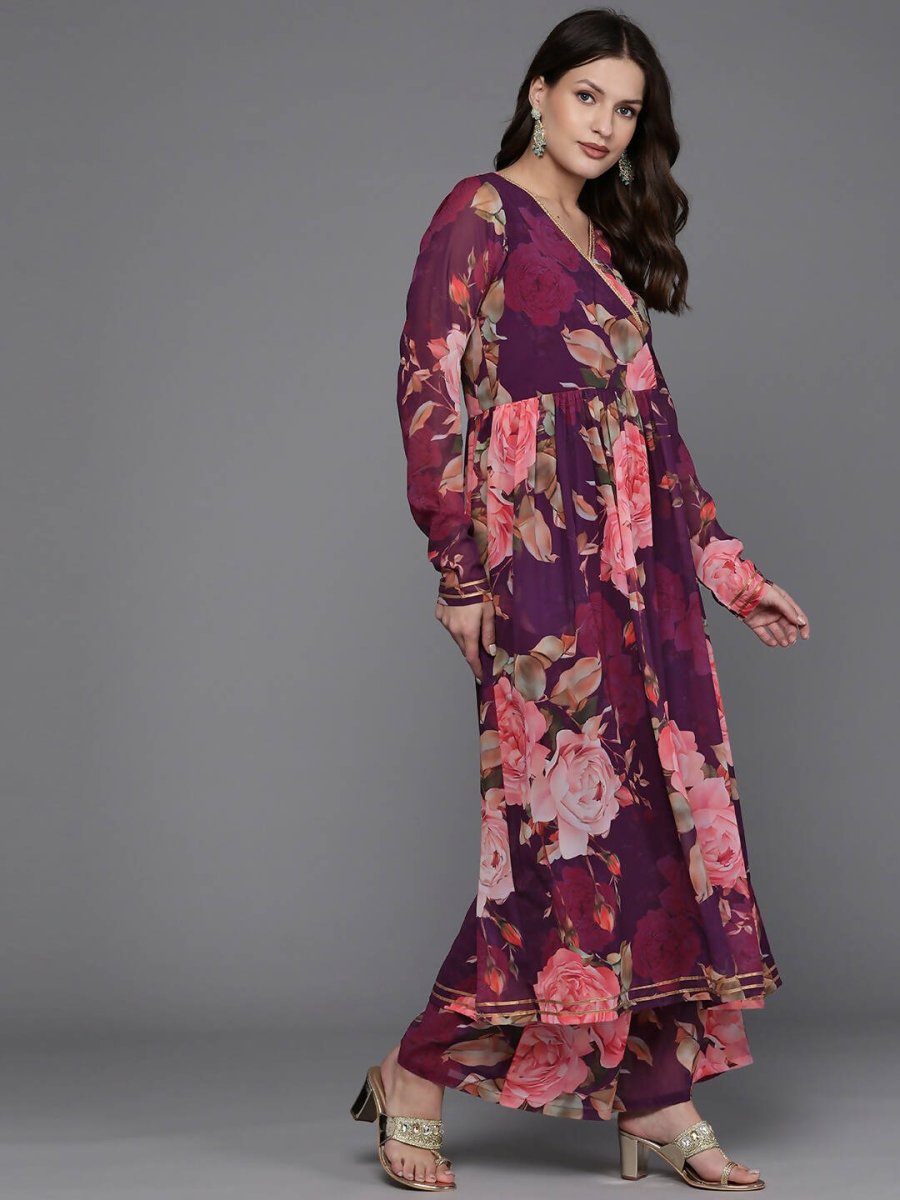 Ahalyaa Women Floral Printed Angrakha Kurta with Palazzos - Burgundy Color | Swadesiicart