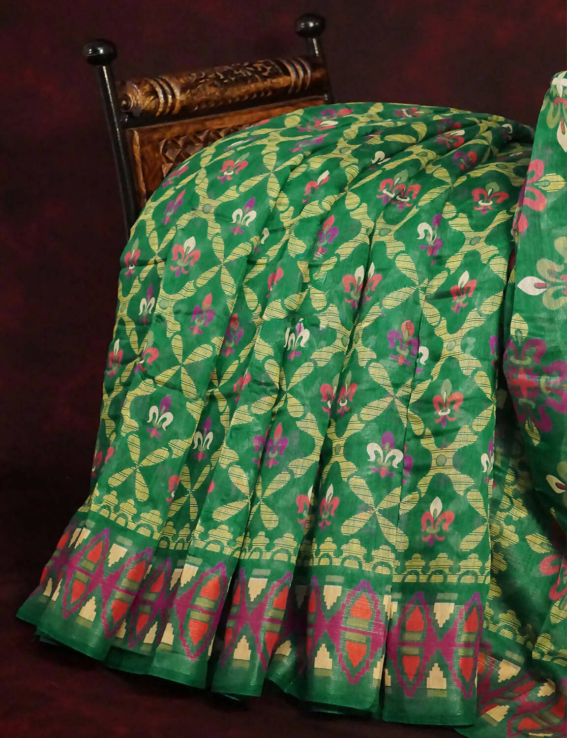 Dark Leaf Colored All Over Printed Semi Chanderi Saree By Gayathri Reddy Designer Studio | Swadesiicart