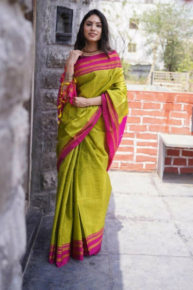 Very Much Indian Handloom Cotton Viscose Ilkal Saree - Bright Green | Swadesiicart