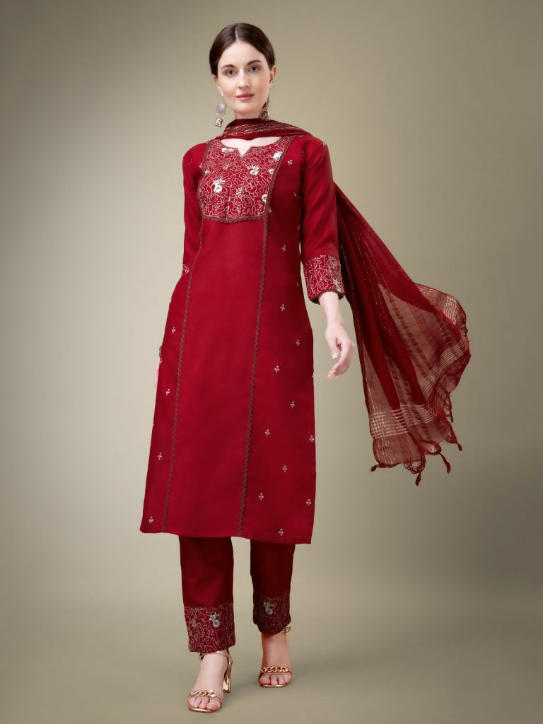 Jyoti Fashion Women's Maroon Cotton Blend Embroidery & Fancy Lace work Kurta with Trouser & Dupatta | Swadesiicart