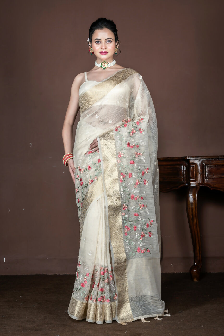Morchari Beige Banarasi Tissue Computer Embroidery Saree Unstitched Blouse | Swadesiicart