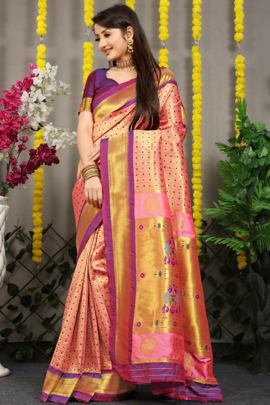 Jyoti Fashion Women's Baby Pink Banarasi Silk Zari Woven Saree with Blouse | Swadesiicart