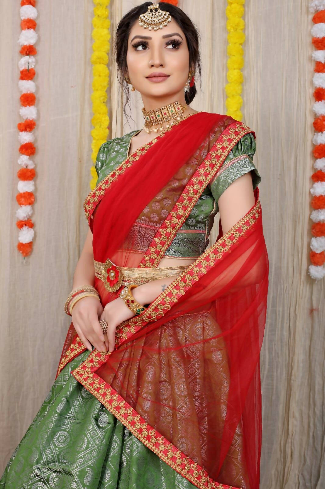 DEIANA'S Beautiful Pure Jari Silk Weaving Lehengha Choli - Mehndi | Swadesiicart