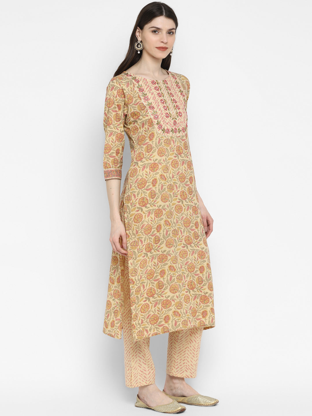 NOZ2TOZ Women Cream Cotton Kurta with Pant & Dupatta (3pcs Set) - Swadesiicart