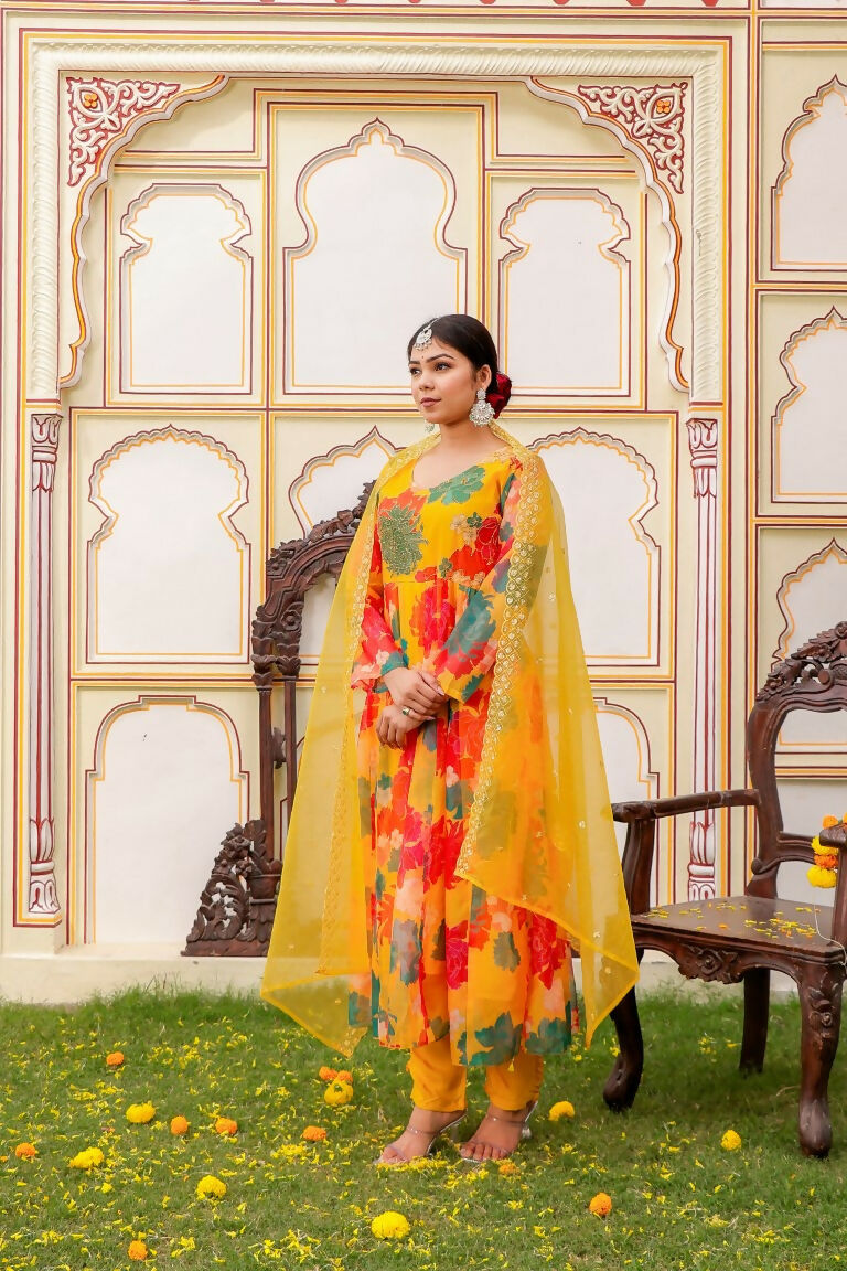 Vaasva Women Mustard Organza Multi Floral Print & Embroidered Anarkali Kurta, Pant & Dupatta set | Swadesiicart