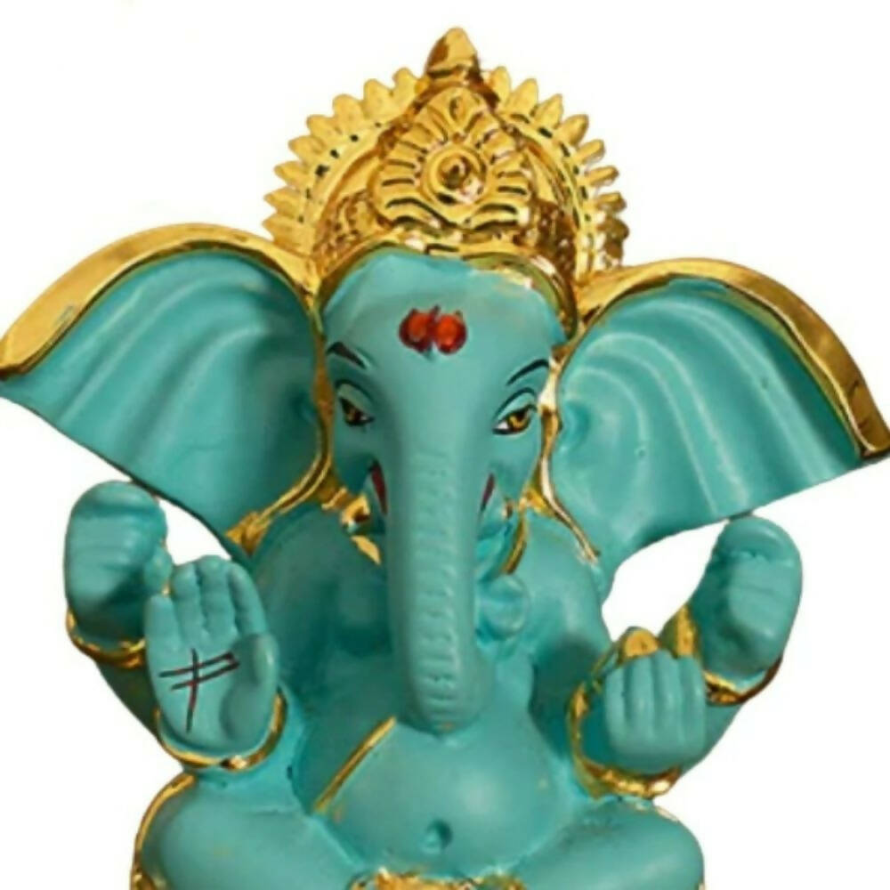 Tamas Gold-Polished Gaj Karna Ganesh Idol Flora Blue & Gold Color - Swadesiicart