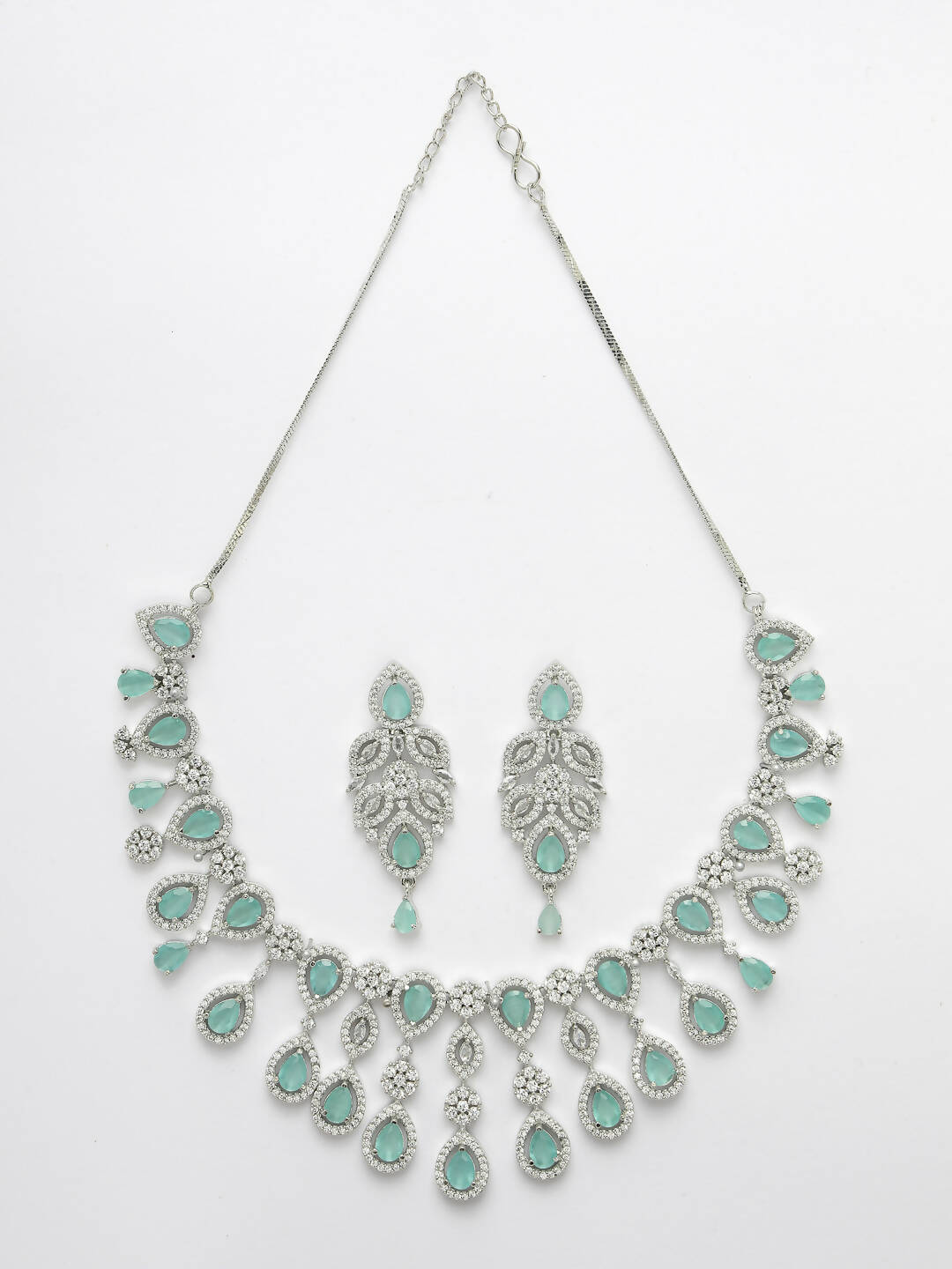 NVR Women Silver Plated & Turquoise Cz Stone Handcrafted Jewellery Set - Swadesiicart