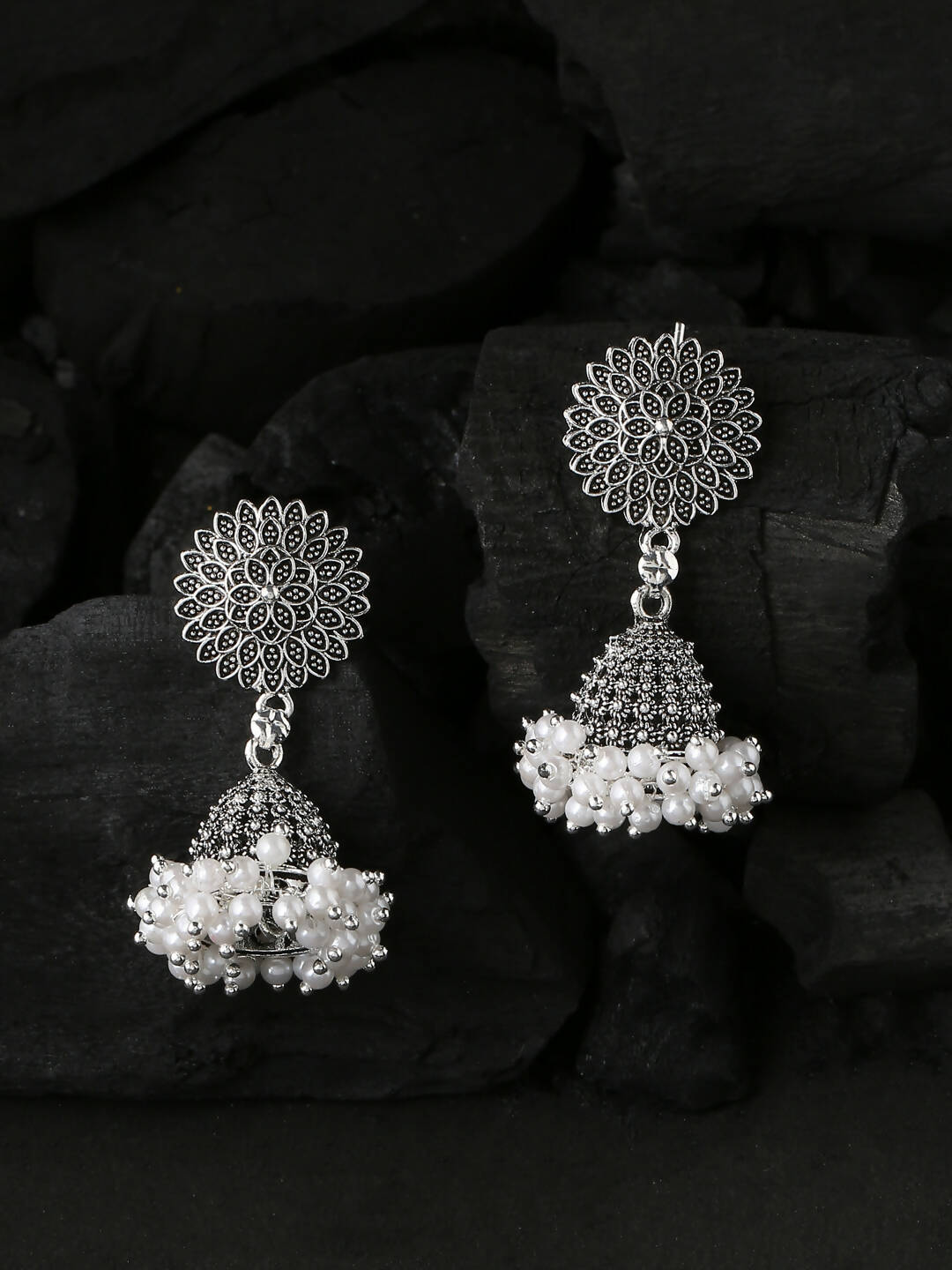 NVR Women Silver Toned Dome Shaped Jhumkas Earrings | Swadesiicart