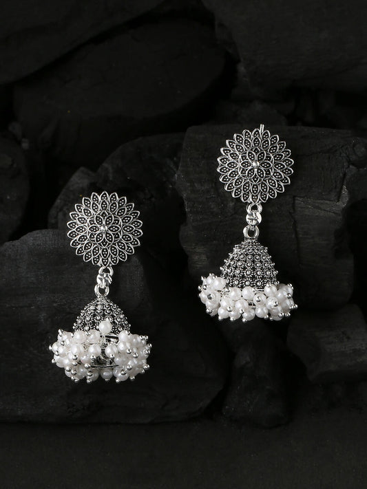 NVR Women Silver Toned Dome Shaped Jhumkas Earrings | Swadesiicart