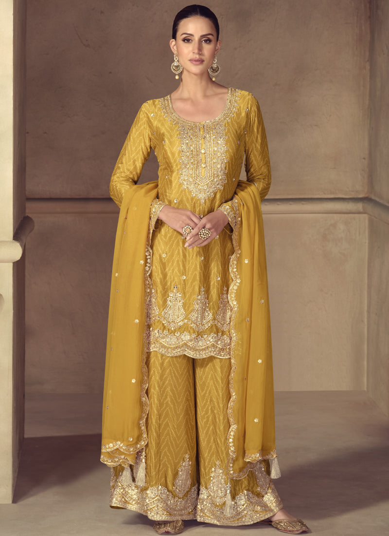 Vegaa Fashion Yellow Real Chinon Digital Print Palazzo Suit - Swadesiicart