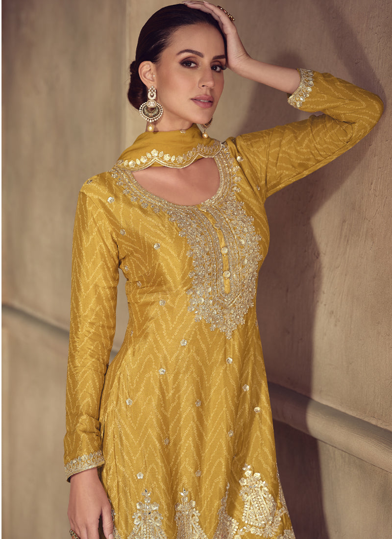 Vegaa Fashion Yellow Real Chinon Digital Print Palazzo Suit - Swadesiicart